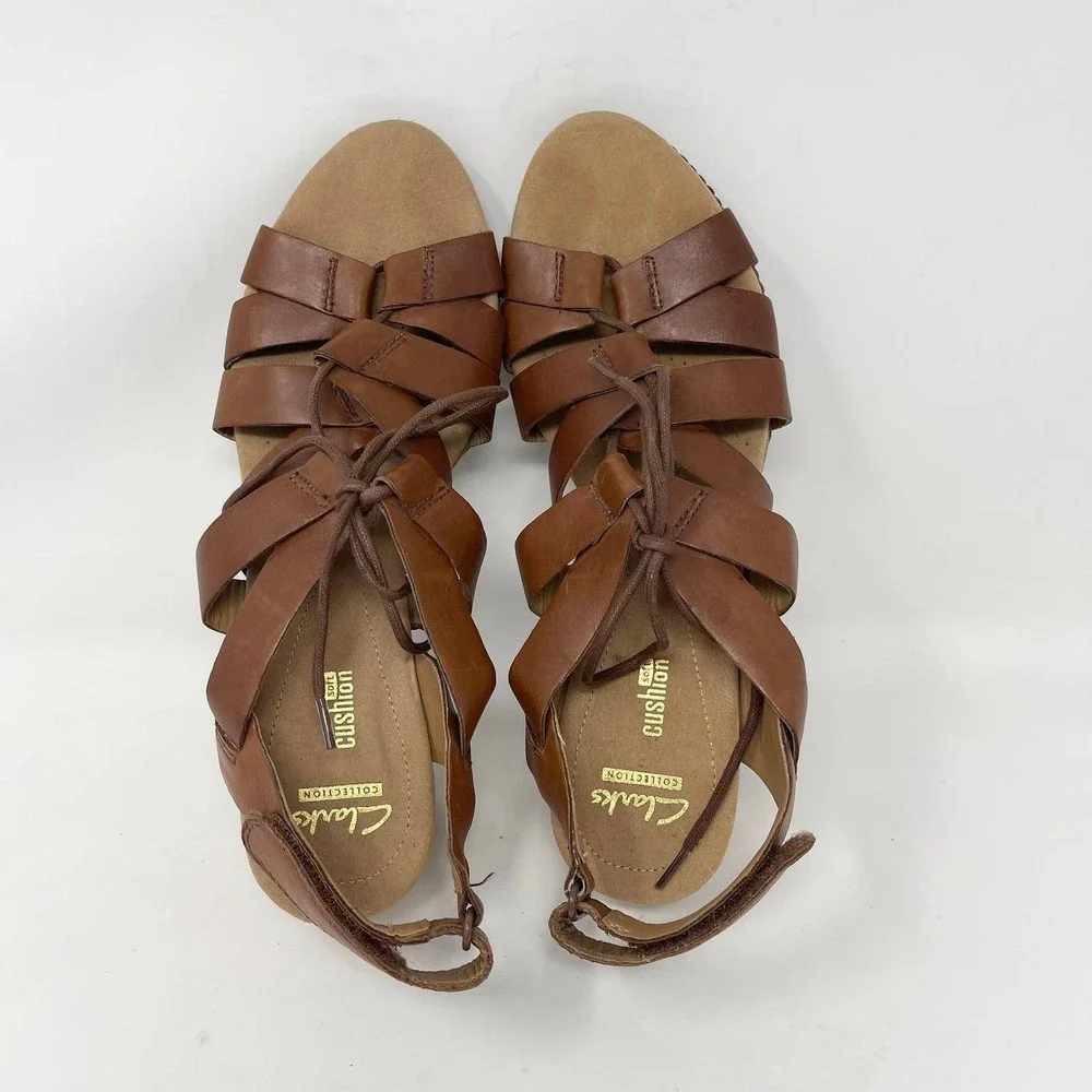 Clarks Helio Mindin Lace Up Cork Wedge Sandals Wms 10 Brown Leather Soft Cushion